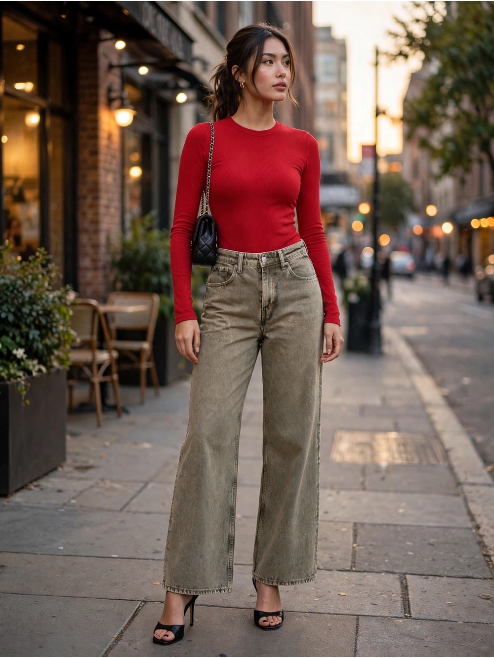 H&M Olive Green Wide Leg Jeans with High Waist